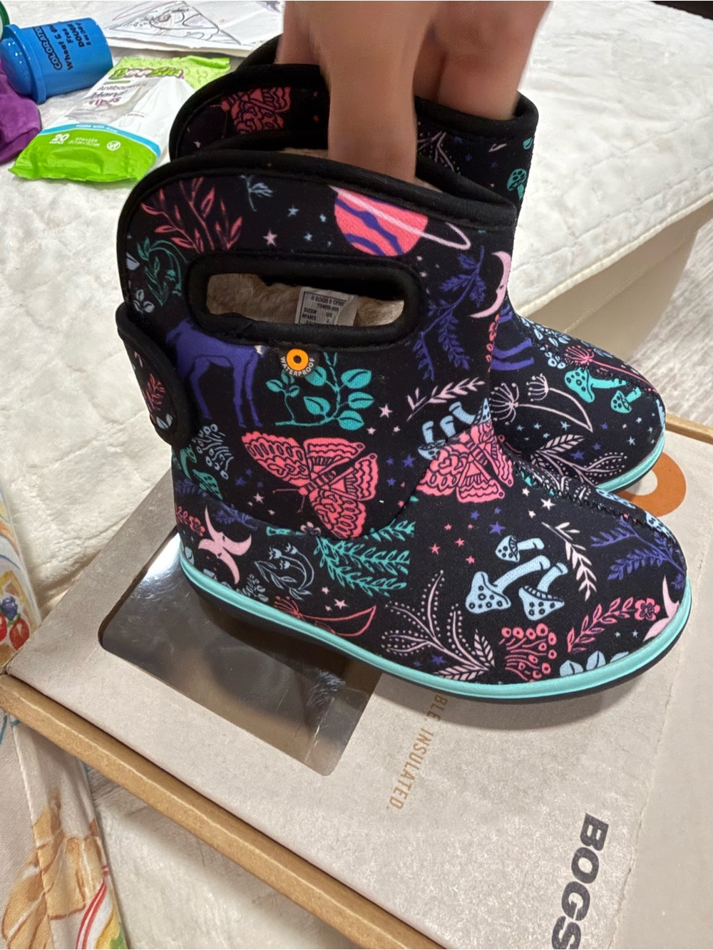 Bogs Kids Black Floral & Mushroom Waterproof Boots